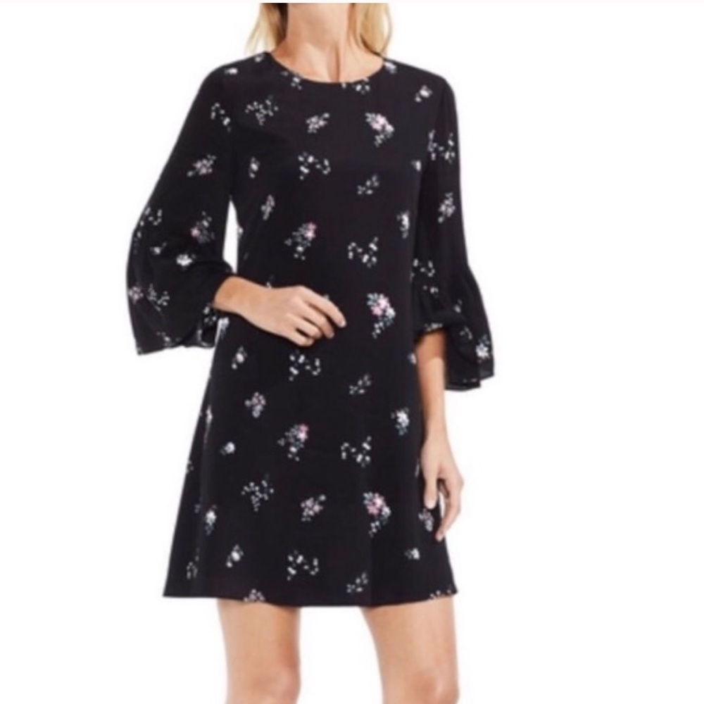Vince Camuto Black Floral Bell Sleeve Mini Cocktail Dress